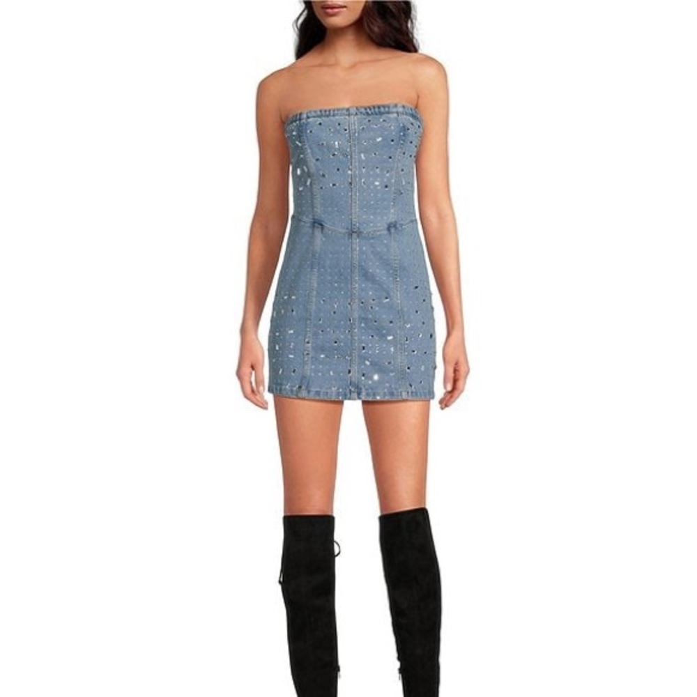 Gianni Bini Abigail Strapless Rhinestone Denim Mini Dress Size 10 NWT